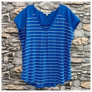 #170 Adrienne Vittadini High Low V-Neck Blue White Striped Blouse Shirt Top XL